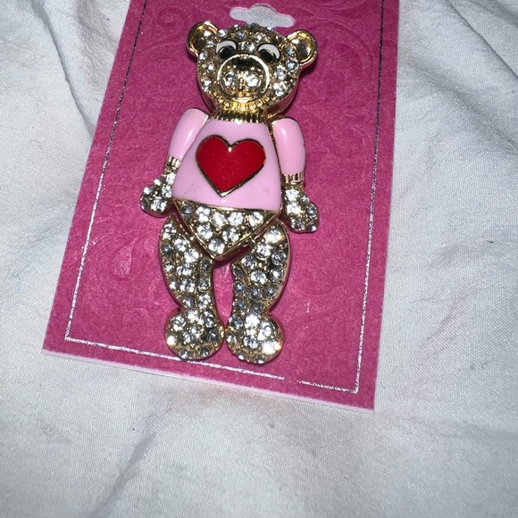 Gold Teddy Bear Pin. With Rhinestone and Hearts - Picture 2 of 7